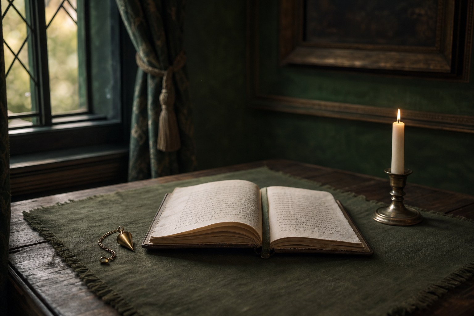 Open journal, pendulum, and candle arranged for a quiet moment of listening