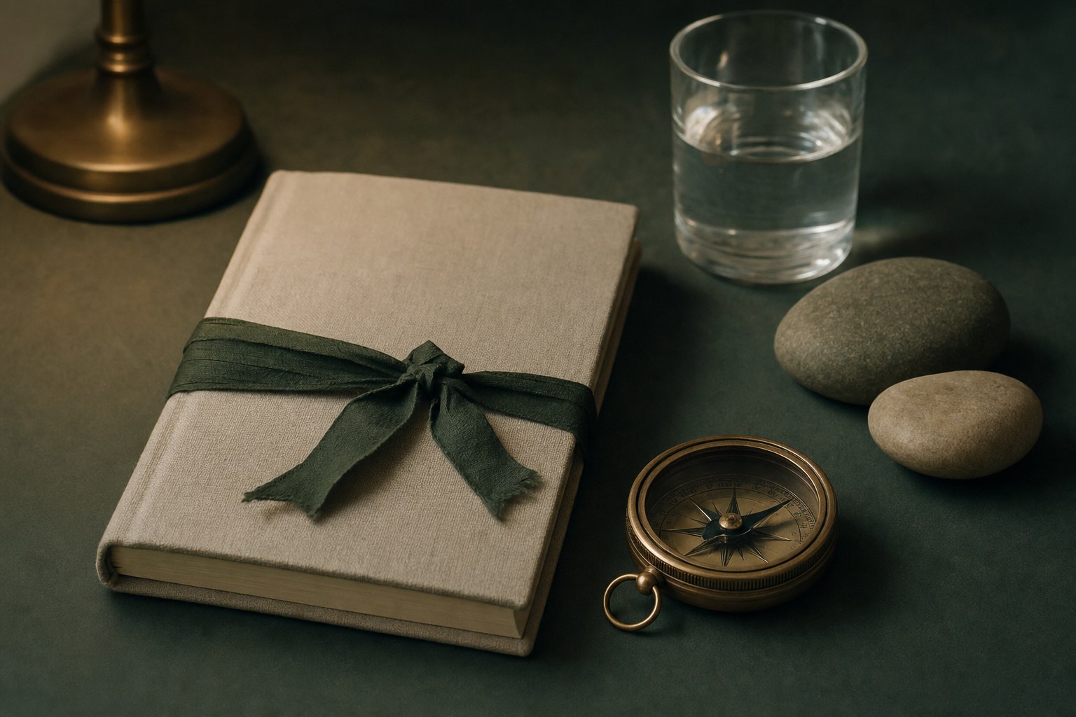 Brass compass and linen notebook resting on a dark table