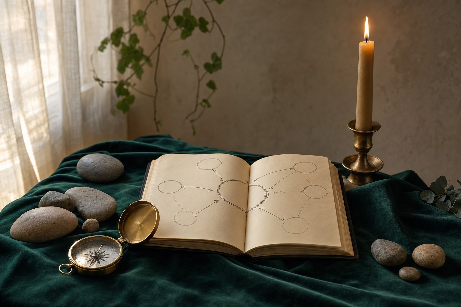 Open notebook, brass compass, river stones, and candle arranged for quiet reflection