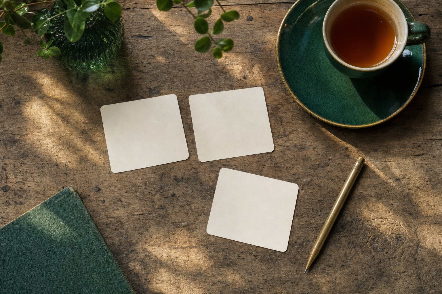 Three unmarked cards and a brass pencil arranged for a simple choice