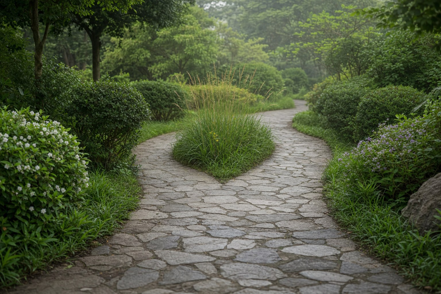 Garden path that briefly divides and then comes together again