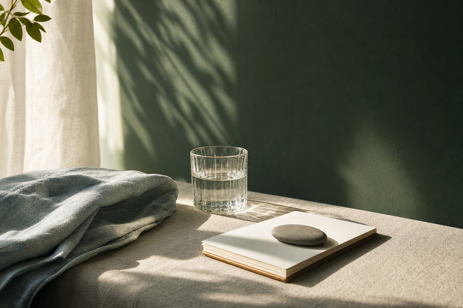 Glass of water, smooth stone, and blank notebook in warm sunlight