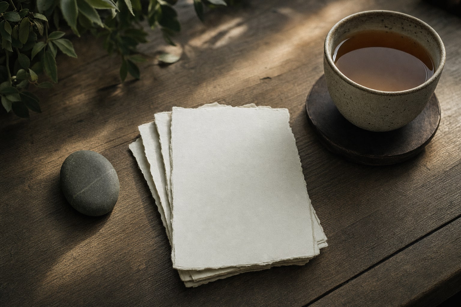 Blank note cards, tea cup, and river stone on a wooden desk