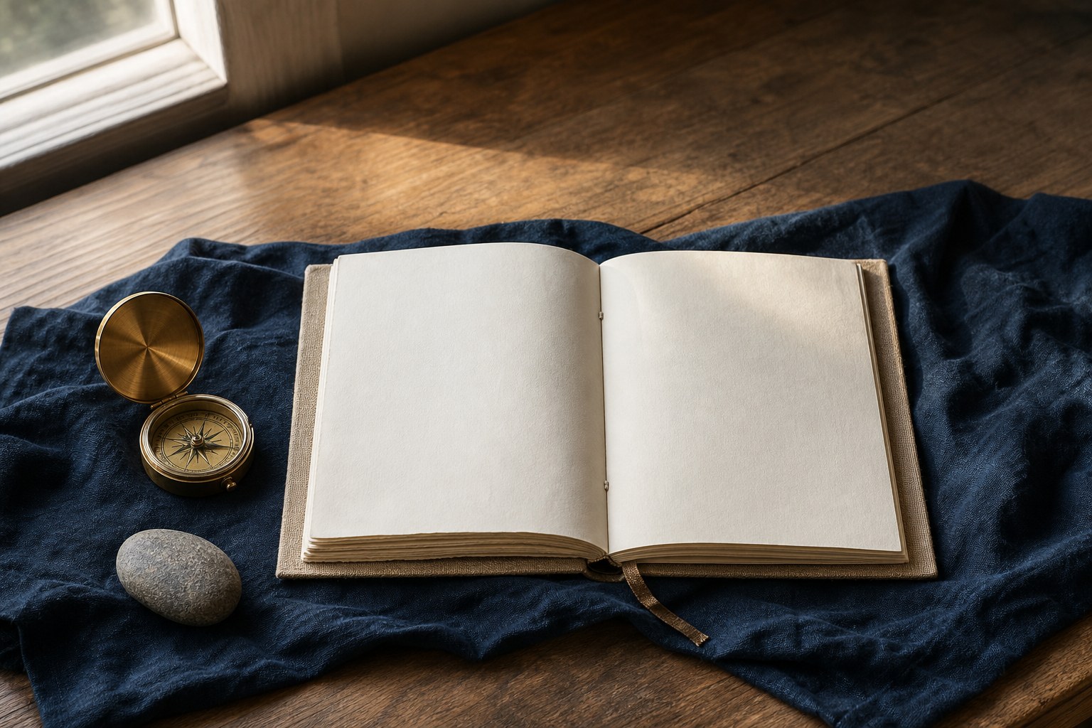 Open linen journal, brass compass, and river stone on indigo cloth