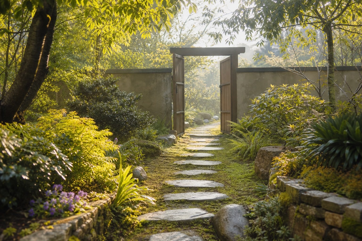 Stepping-stone garden path leading through an open gate