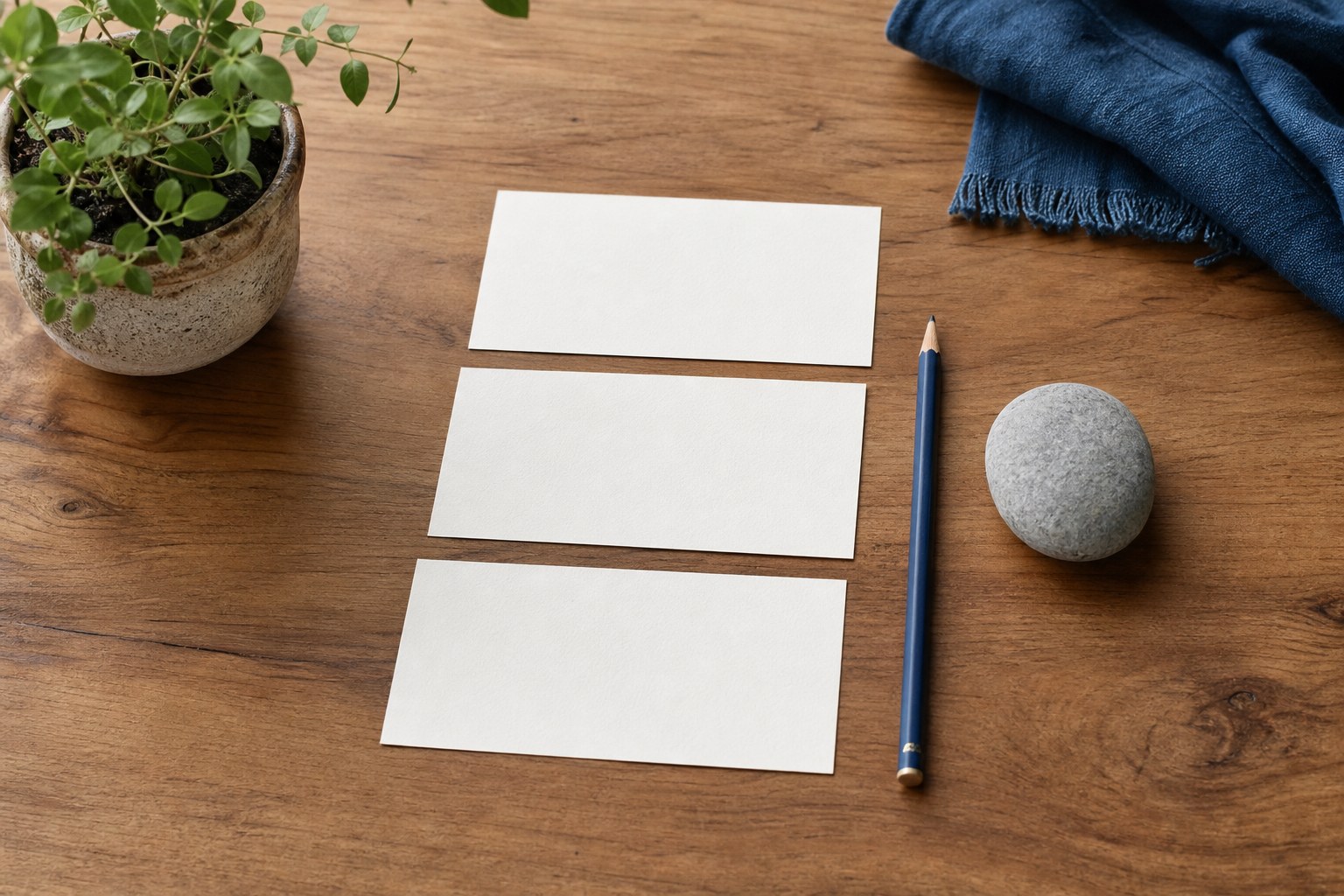 Blank reflection cards, pencil, and river stone on a wooden table