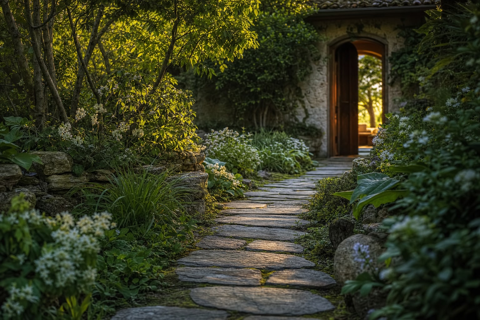 Quiet stone path leading through a green garden toward an open doorway
