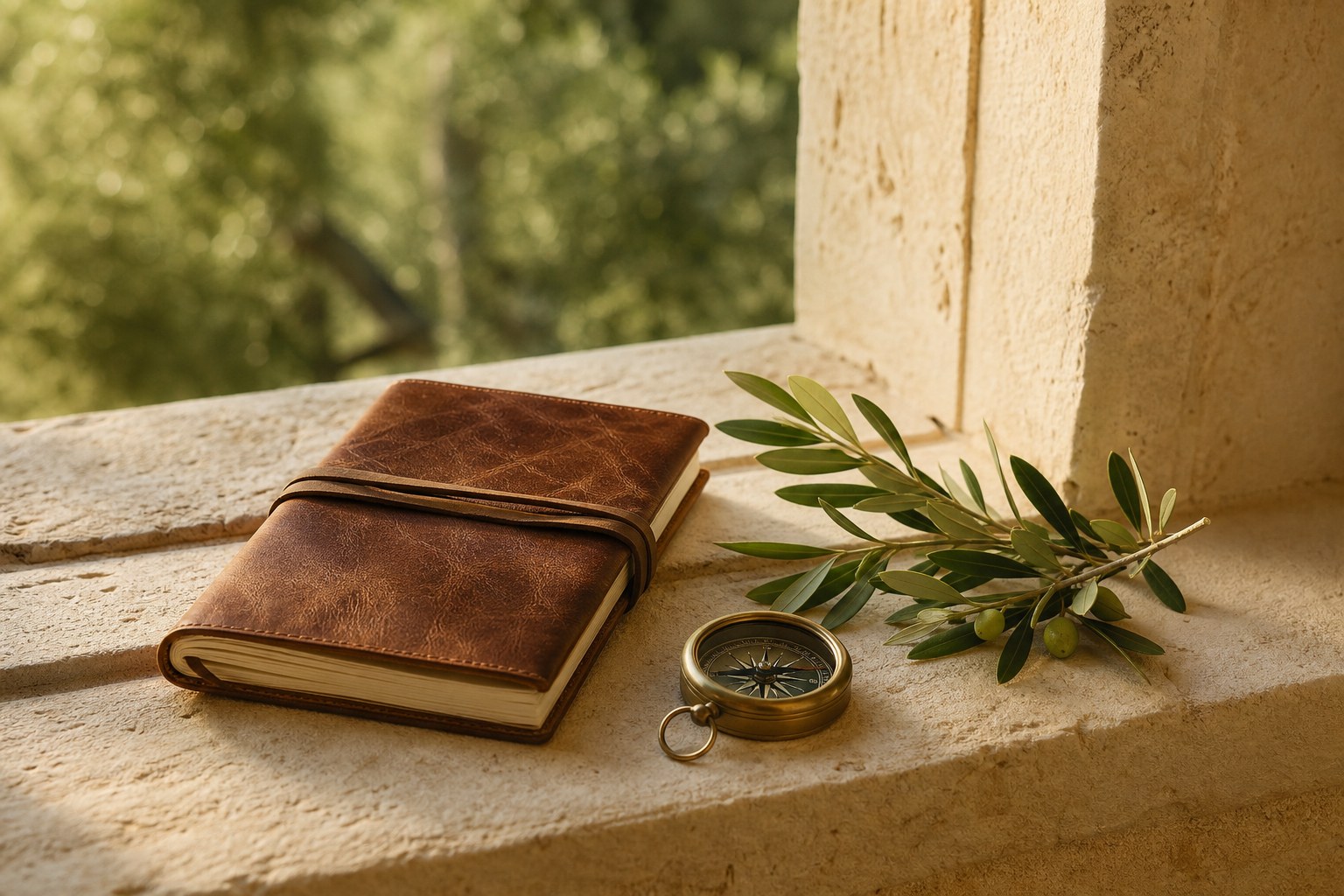 Leather journal, brass compass, and olive branch resting in morning light