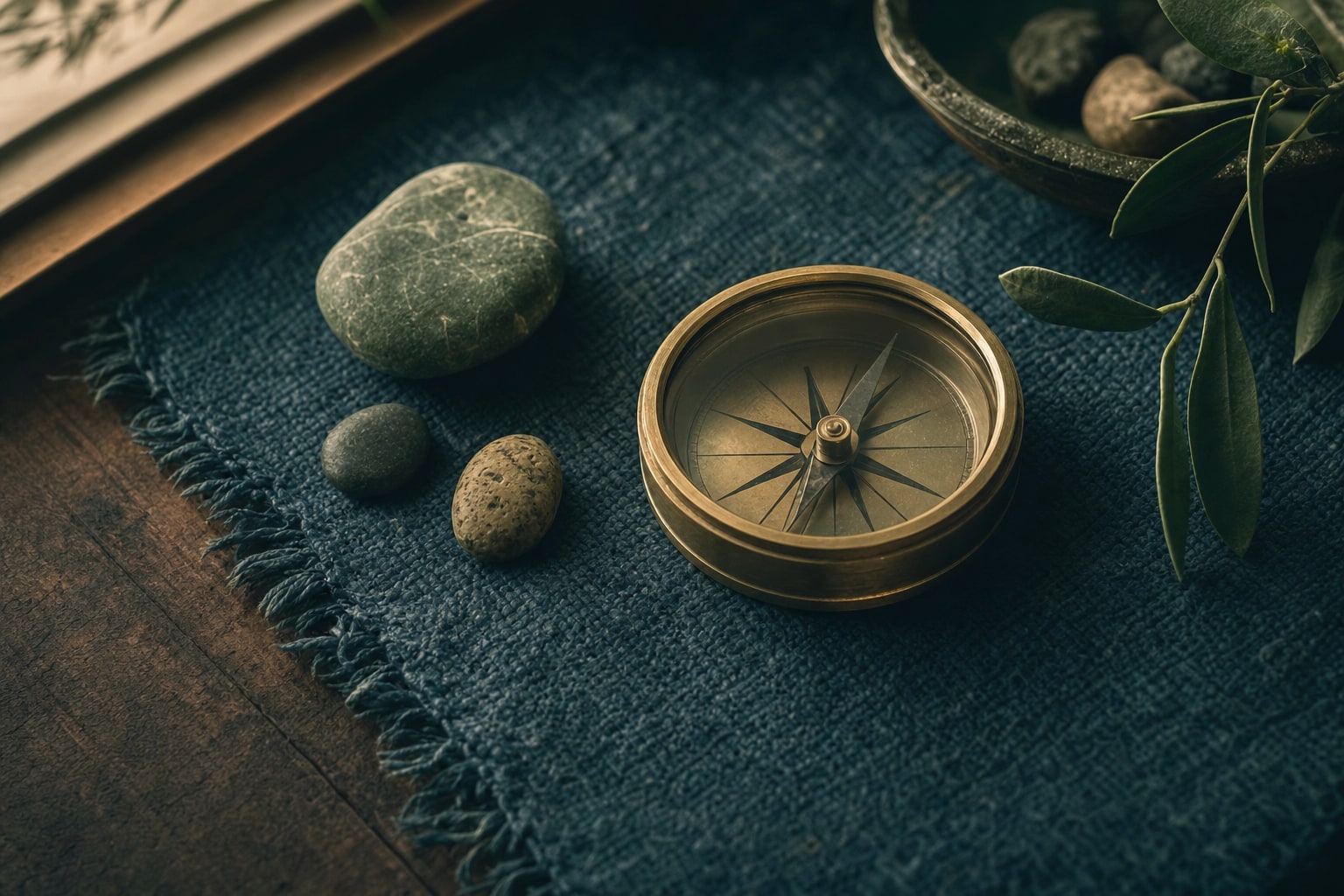 Brass compass resting on indigo cloth with natural stones