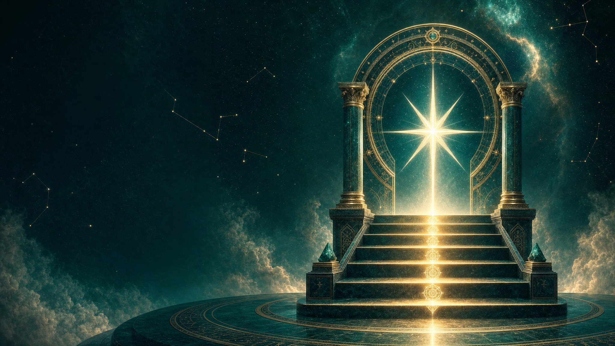 Luminous gold ascension steps leading through a celestial teal temple gateway