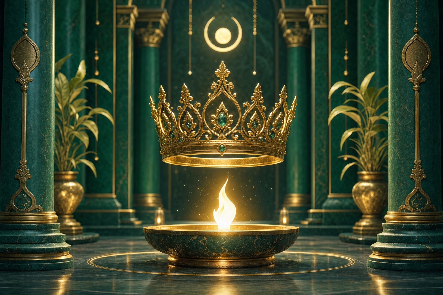 Gold crown and ceremonial flame in an emerald sanctuary