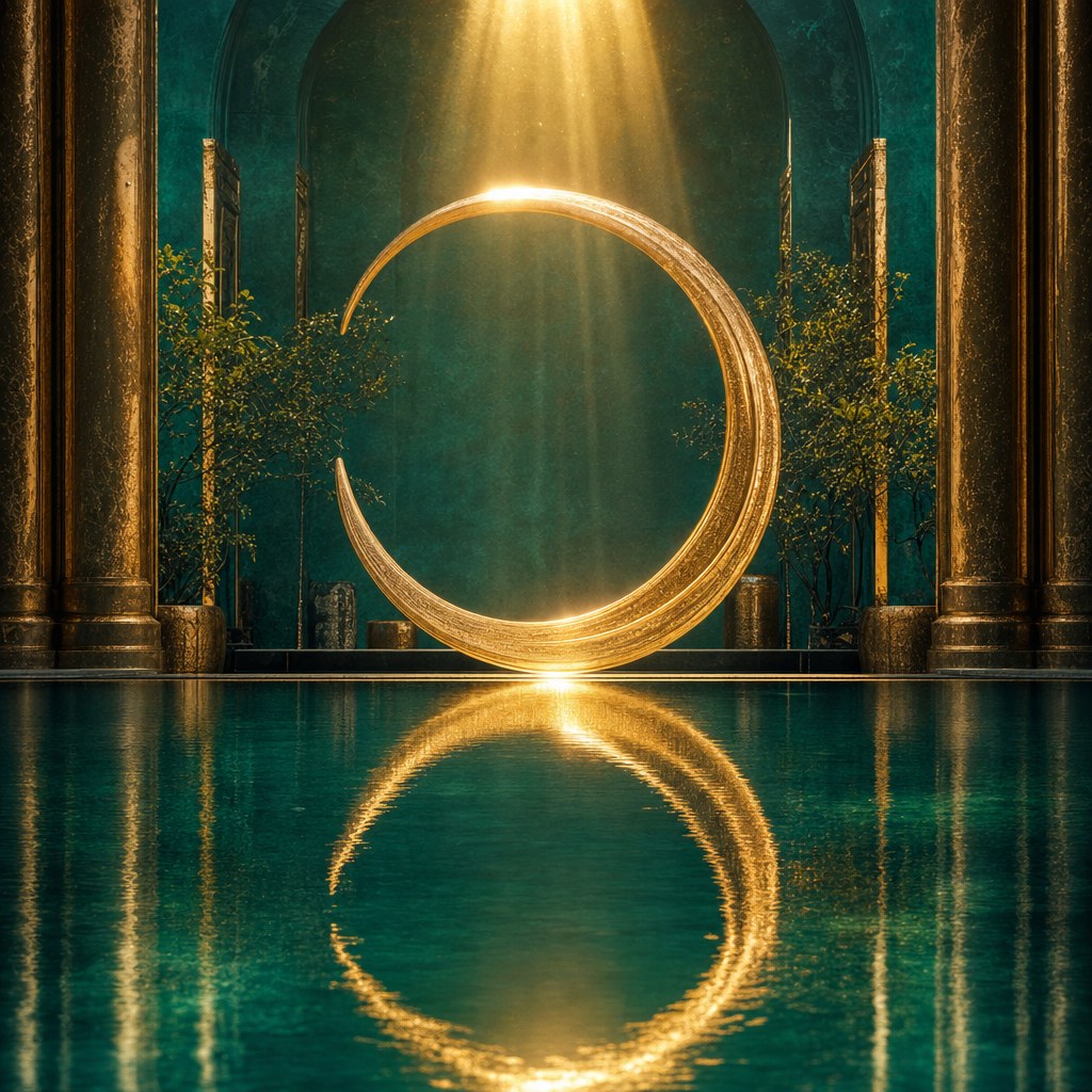Polished returning gold arc over teal water in a luminous temple