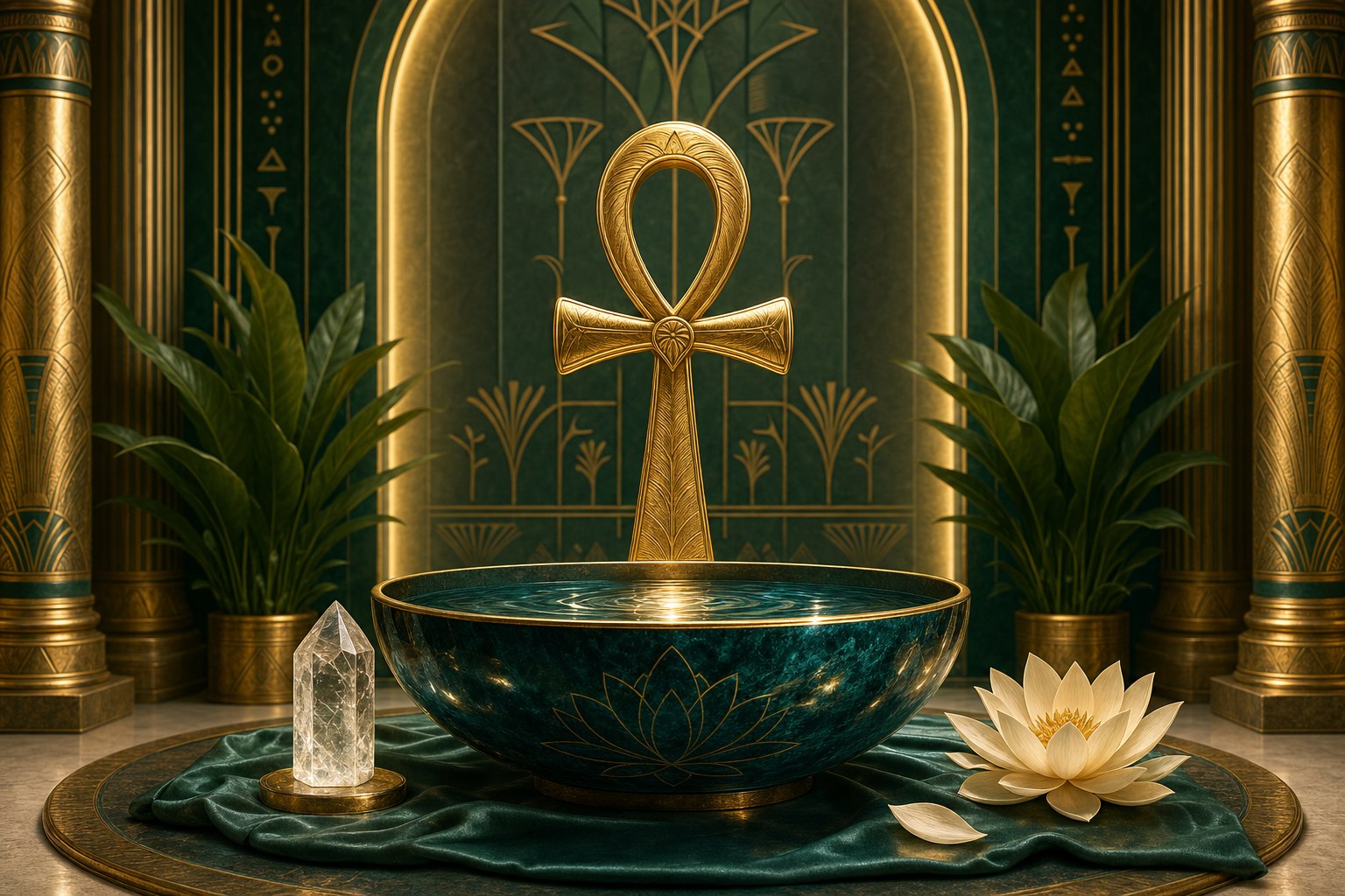 Polished gold ankh and teal water bowl for Egyptian Reiki