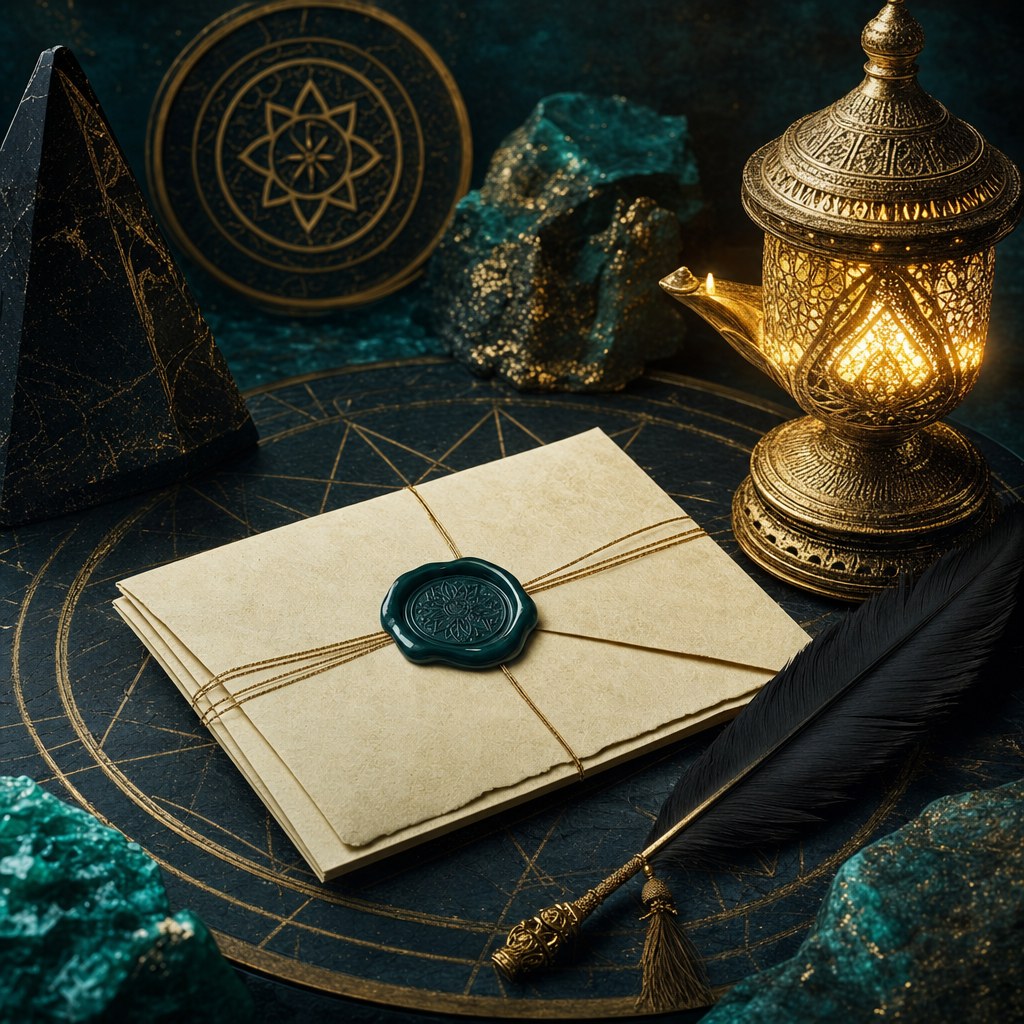 Sealed correspondence and gold lamp for Email Divinations