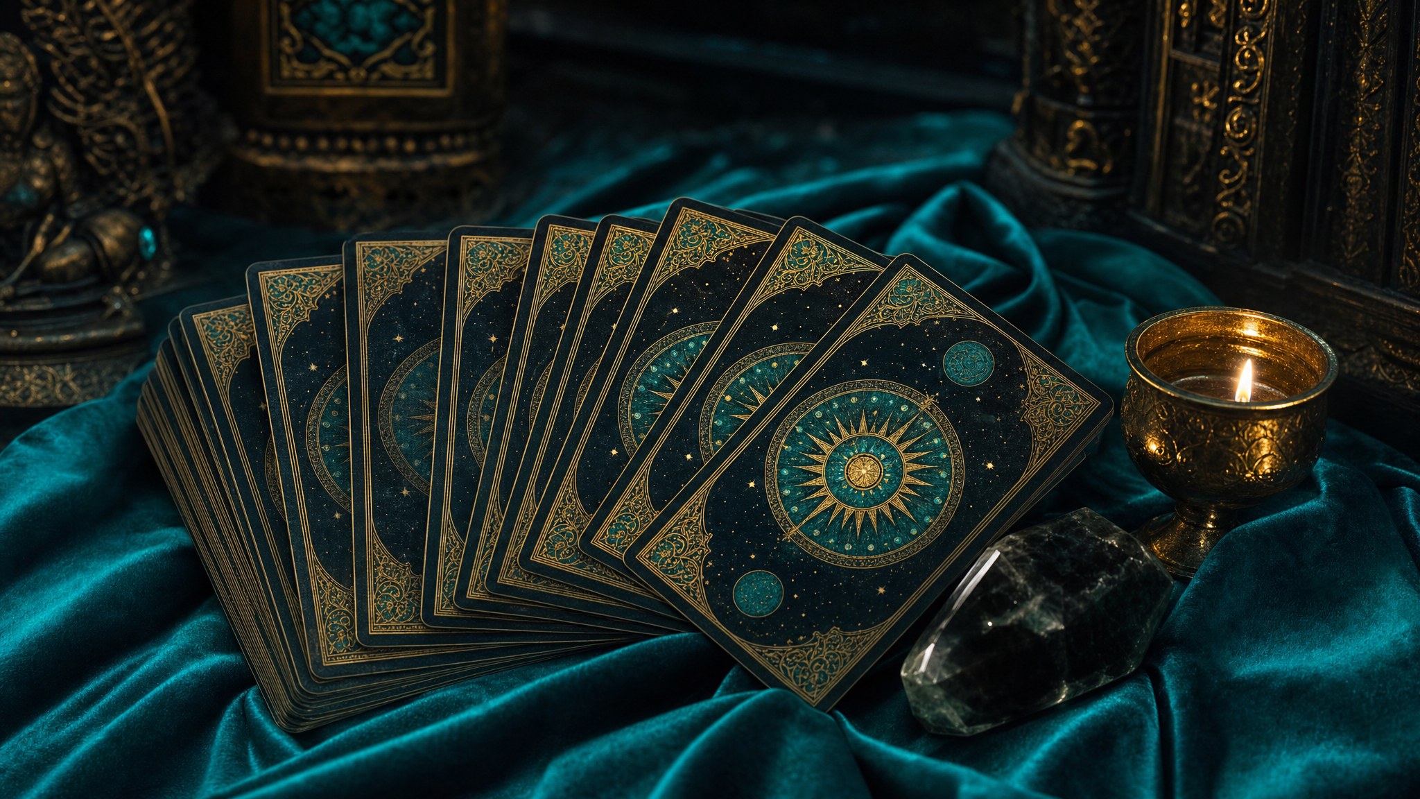 Ornate card deck on luminous teal silk for a longer intuitive reading