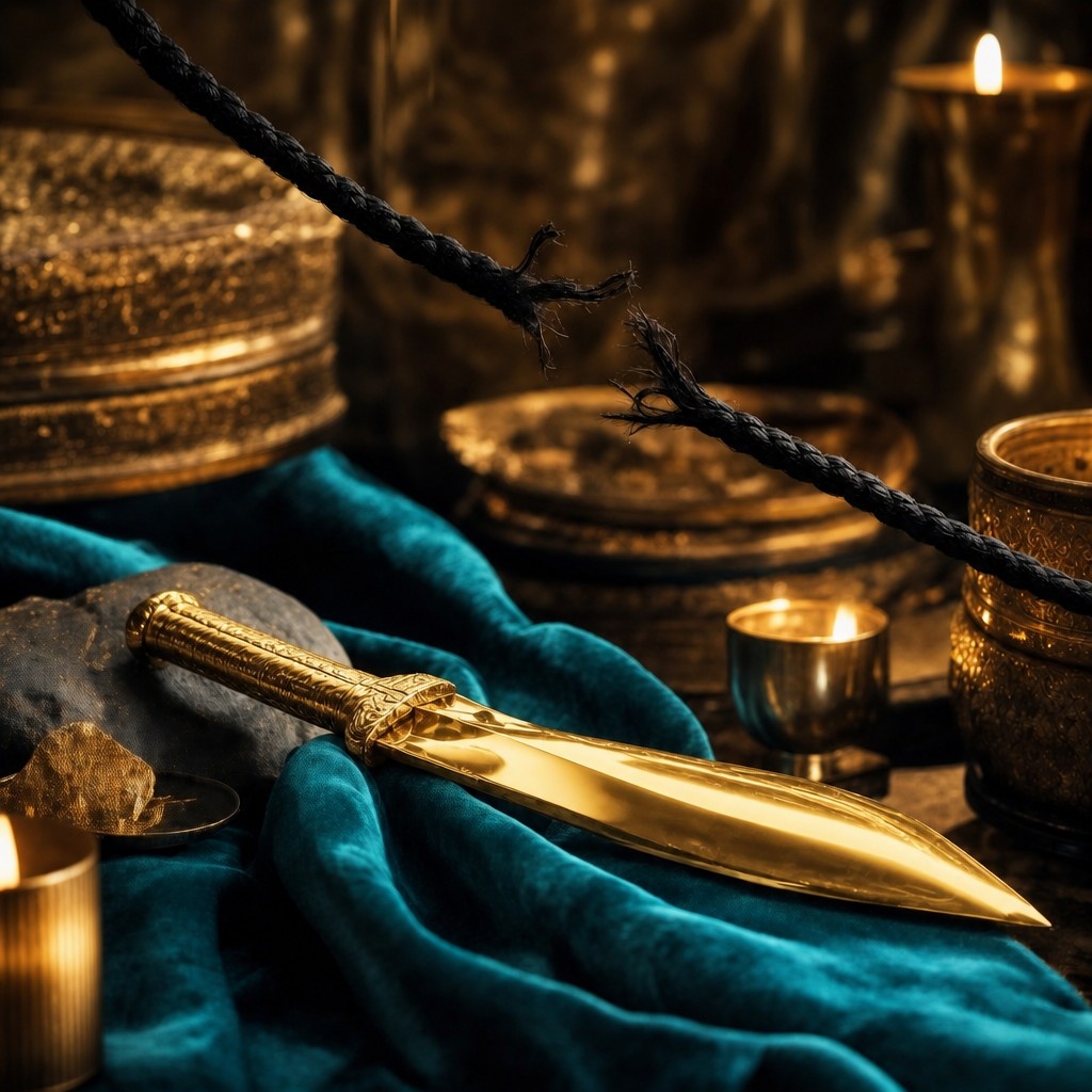 Luminous gold ceremonial dagger resting beside a severed cord for Karithim