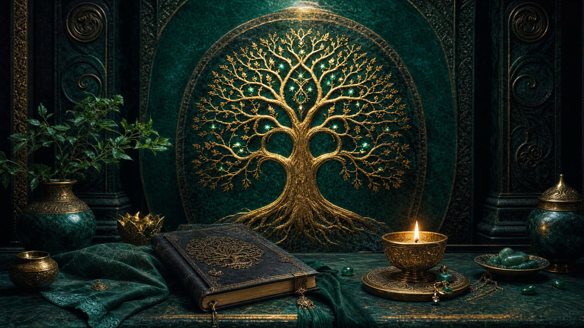 Luminous ancestral family tree in a deep emerald temple setting