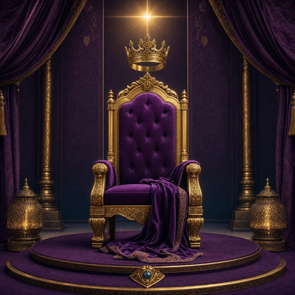 Royal purple velvet throne and gold crown for Makom Elyon