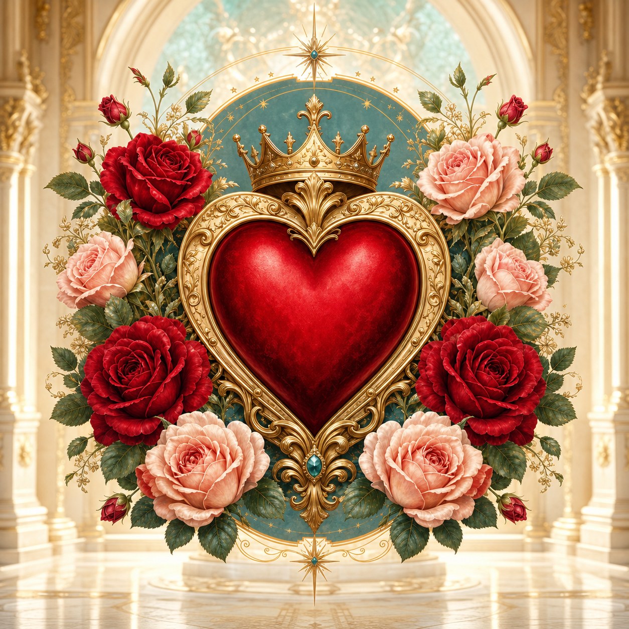 Crowned red heart with roses in a luminous ivory and gold sanctuary