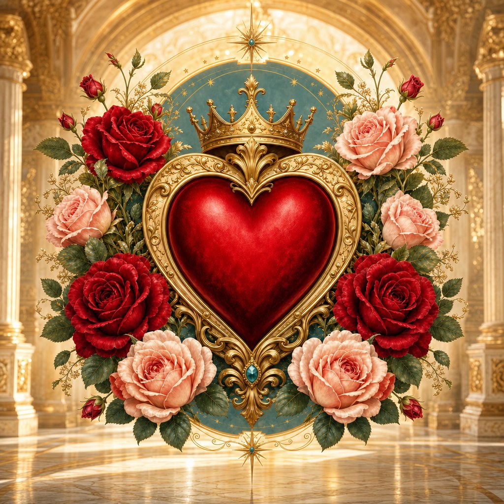 Crowned red heart with roses in a luminous ivory and gold sanctuary