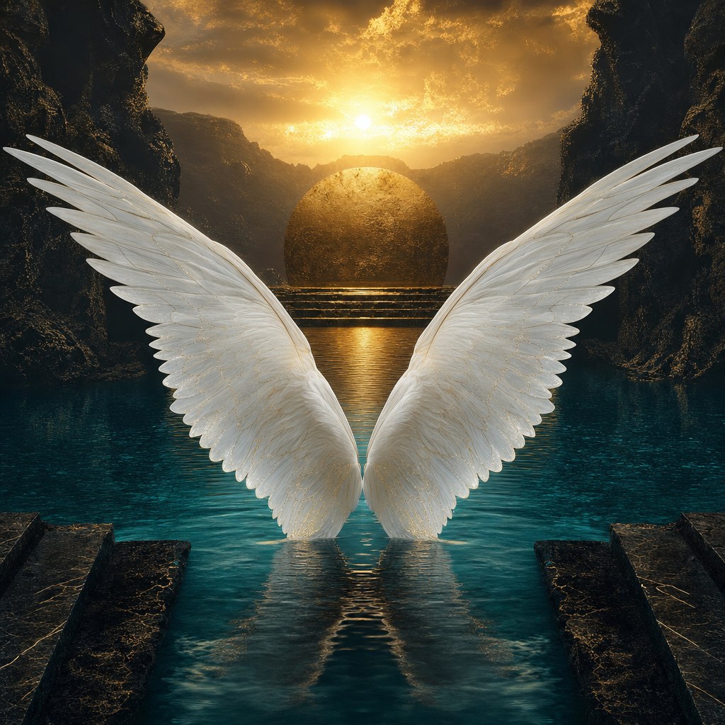 White angel wings over teal water for Return of Oriel