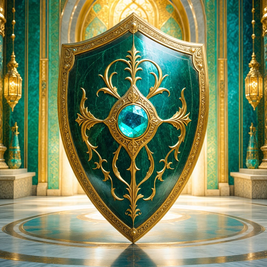Iridescent teal and emerald ceremonial shield in warm gold light