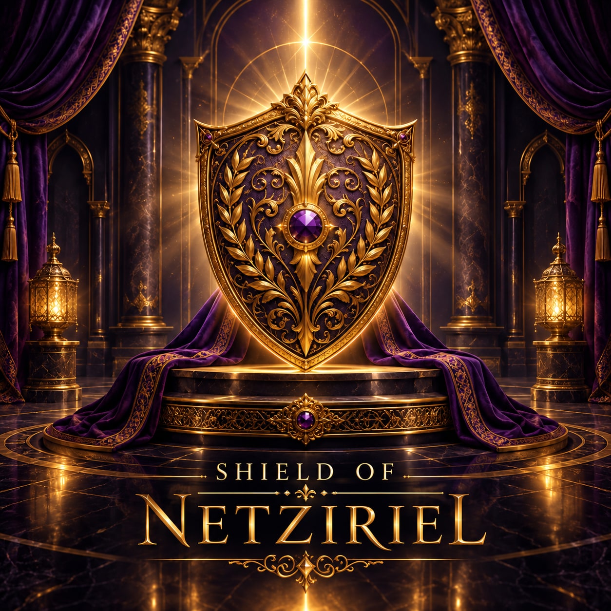 Shield of Netziriel, an ornate gold and violet protective shield in a temple