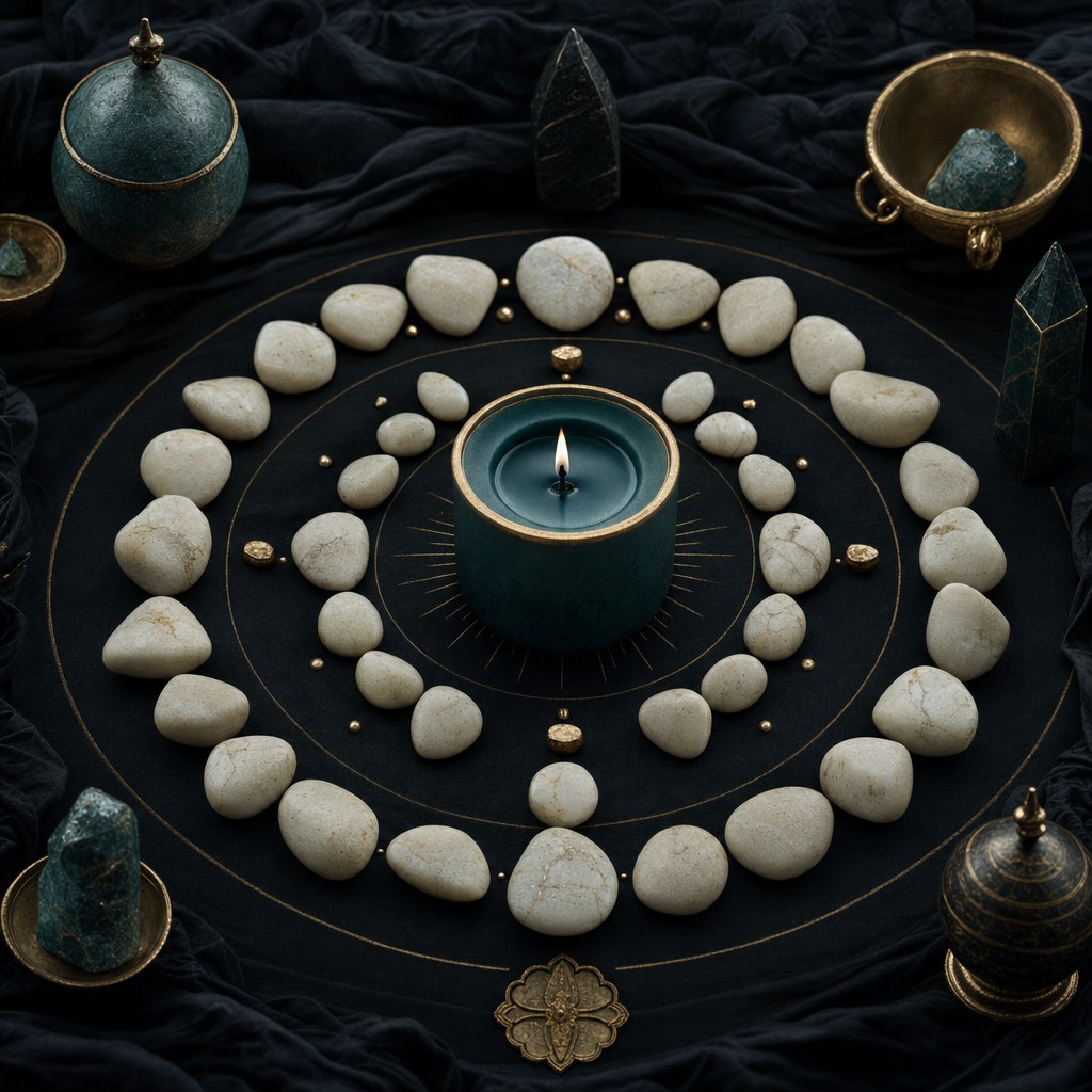 Protective stone circle and teal candle