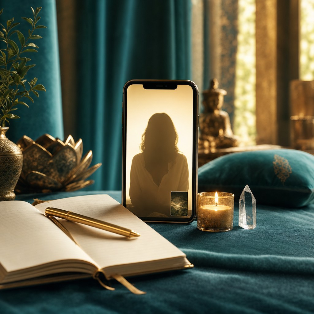Private spiritual assessment by video call with journal and candlelight