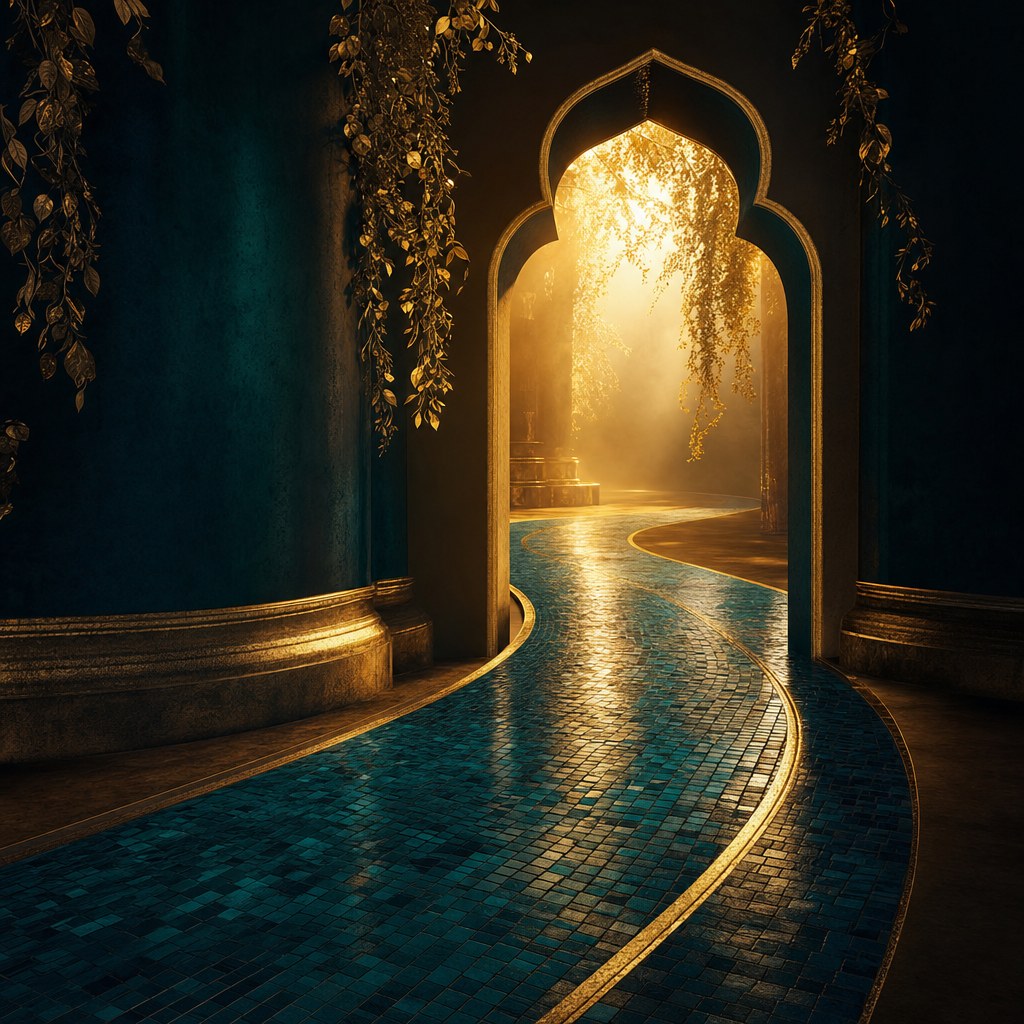 Illuminated teal temple pathway for The Path of Shar’ariel