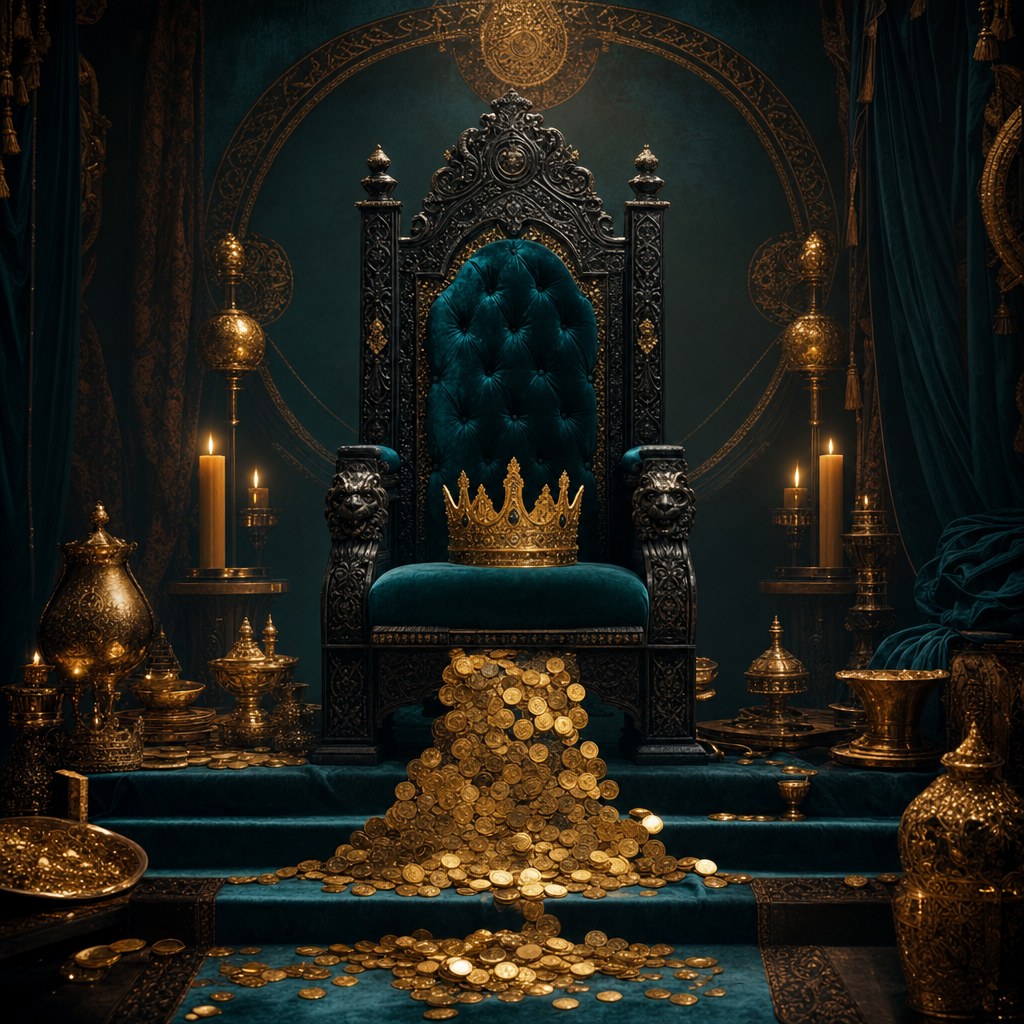 Royal throne with gold coins for the Seat of Sovereignty