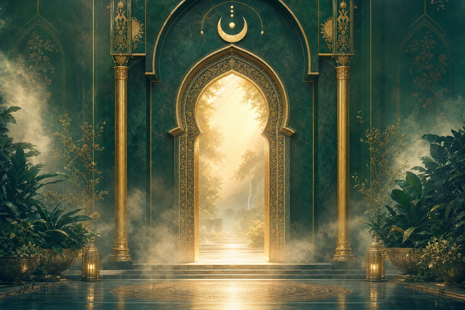 Radiant gold threshold in an emerald temple