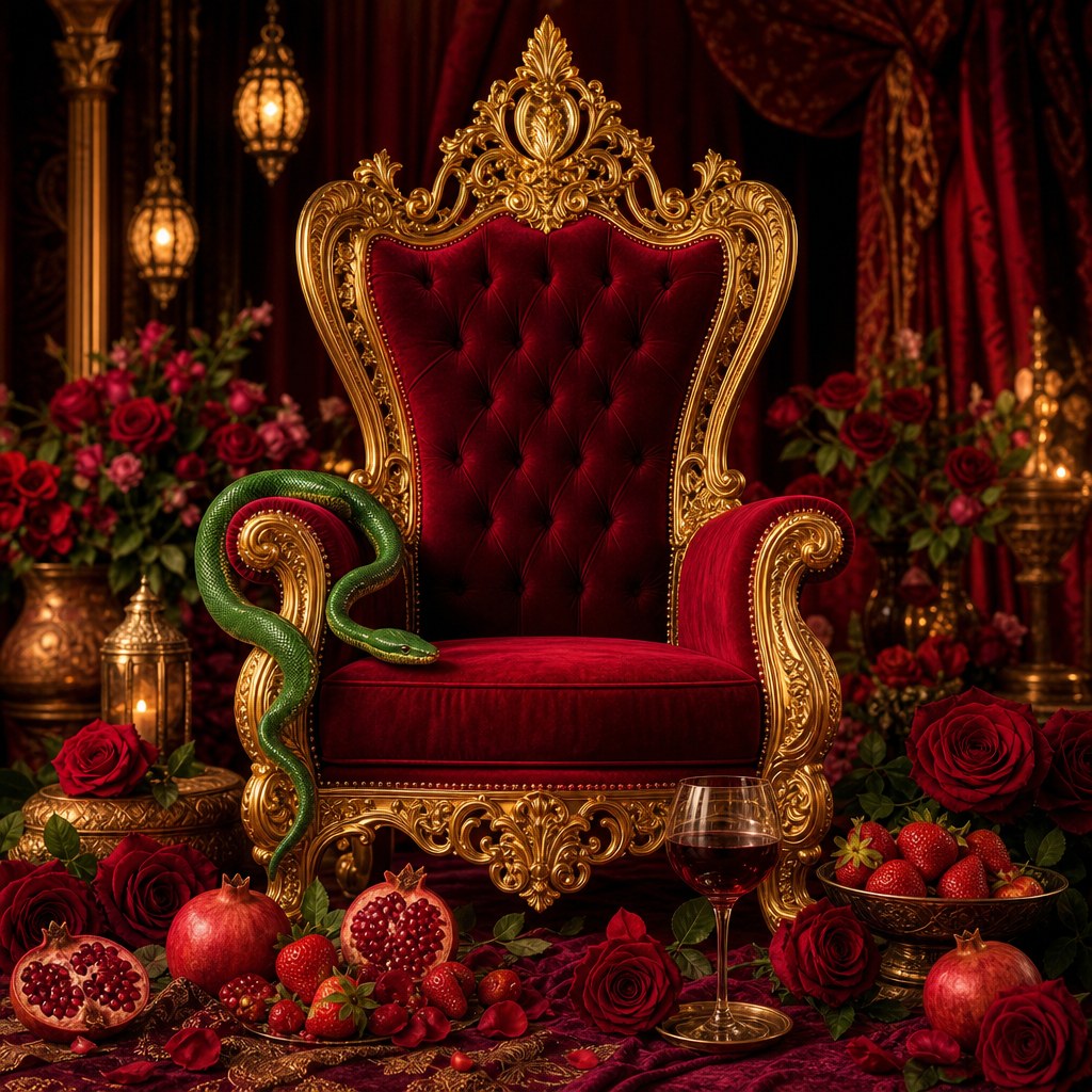 Ruby velvet throne with roses, pomegranates, strawberries, red wine, and an emerald green snake