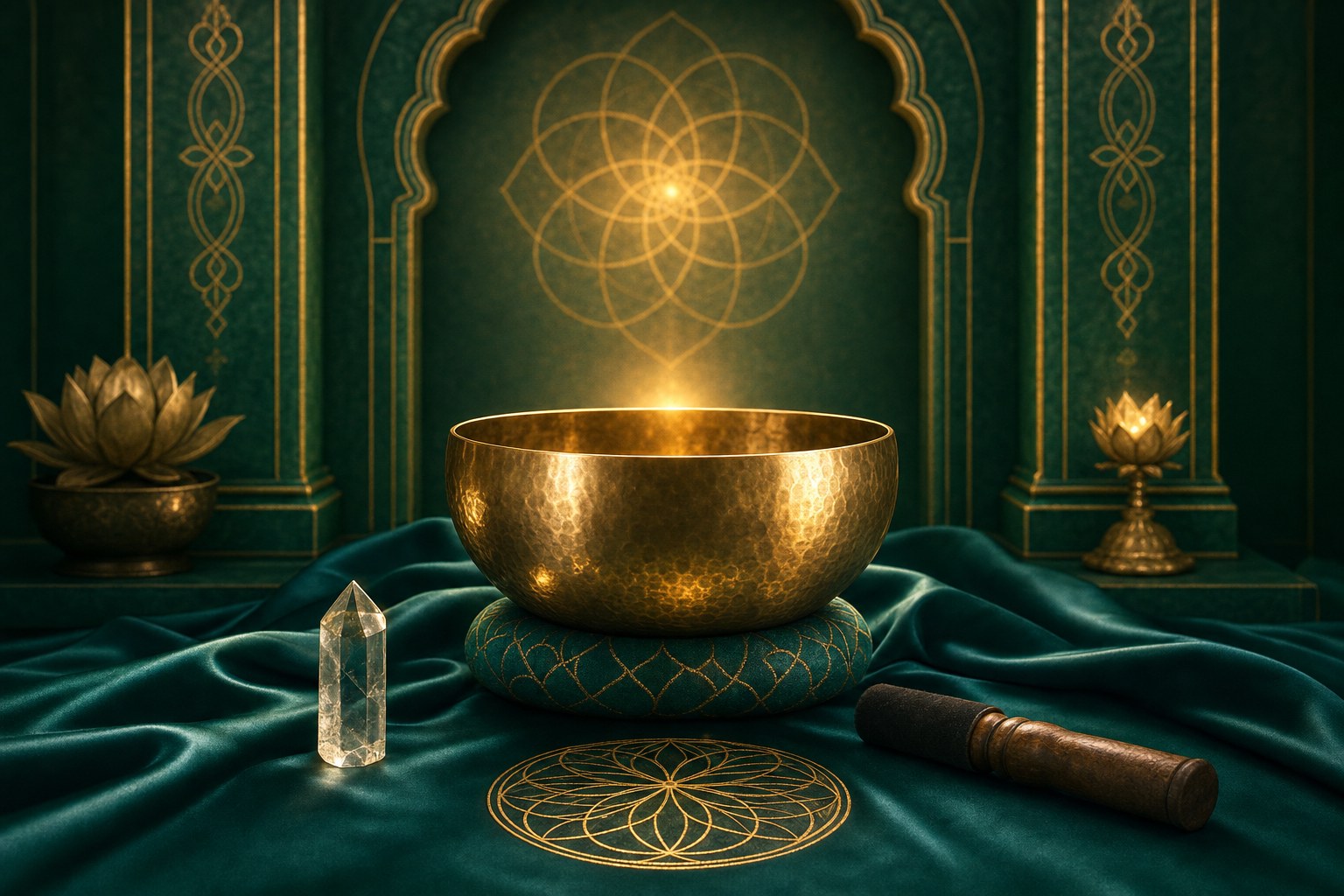 Luminous Tibetan singing bowl and quartz for distant Reiki