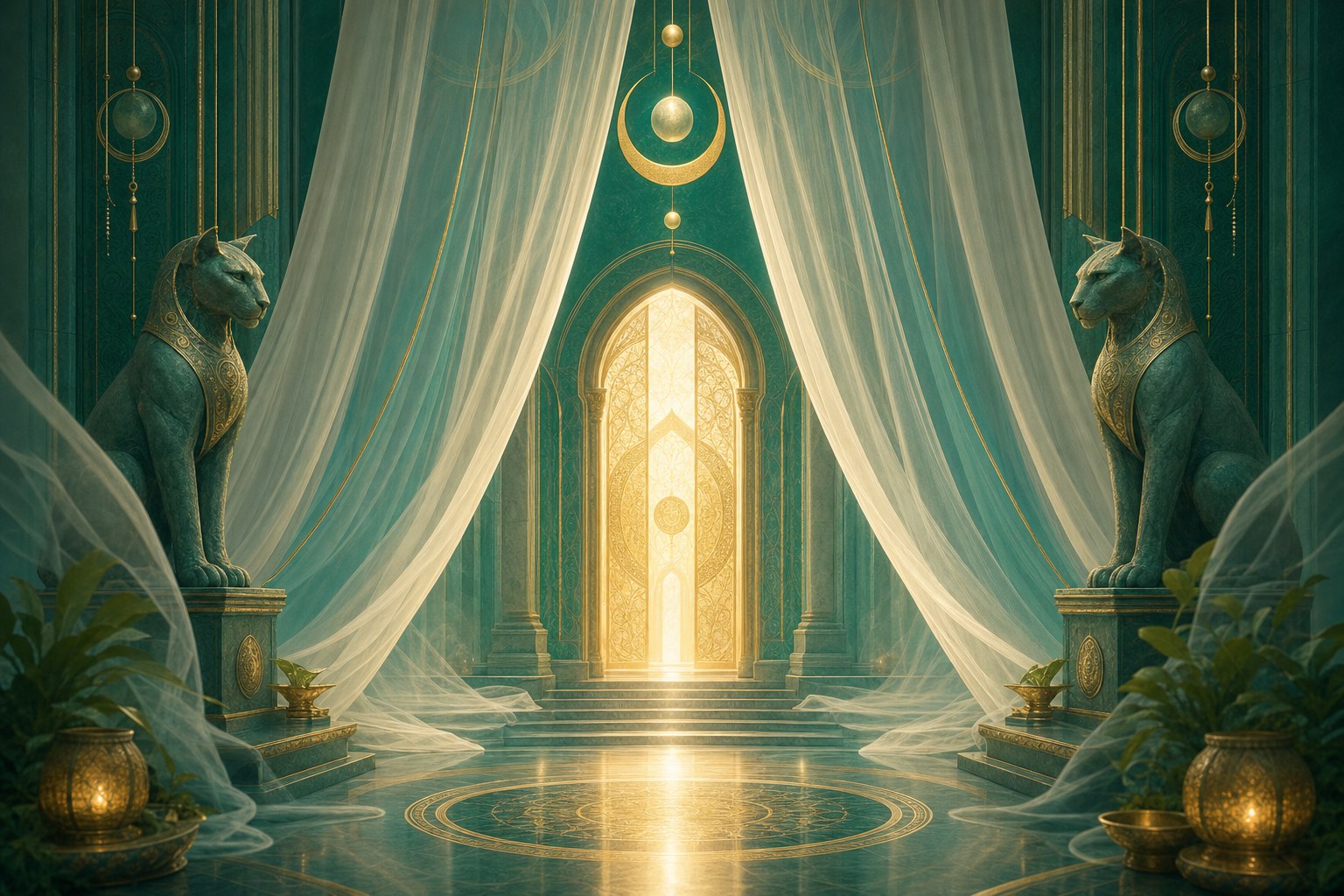 Parted veils revealing a luminous temple doorway