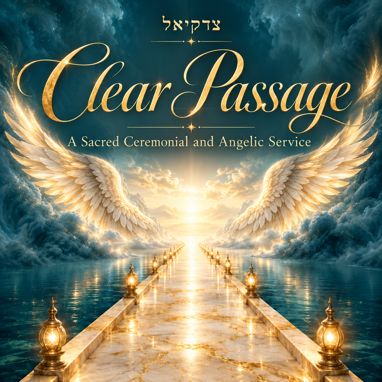 Clear Passage artwork with radiant angel wings and a golden illuminated pathway through teal clouds