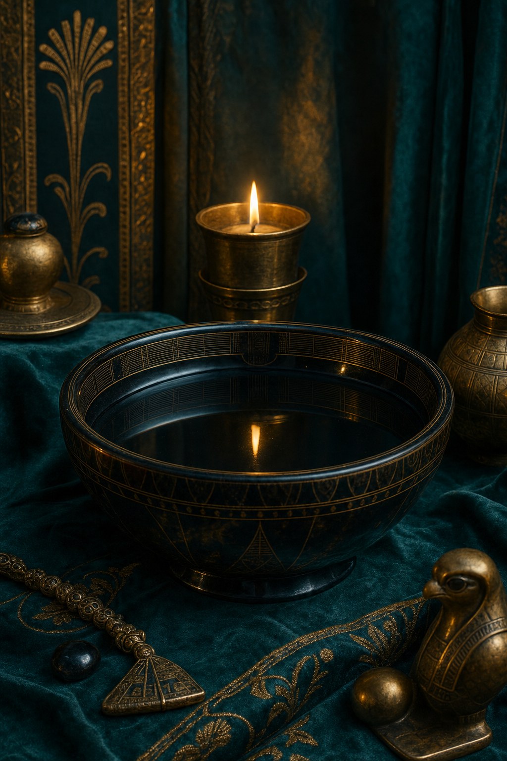 Ceremonial cards, a journal, and a candle arranged for quiet reflection