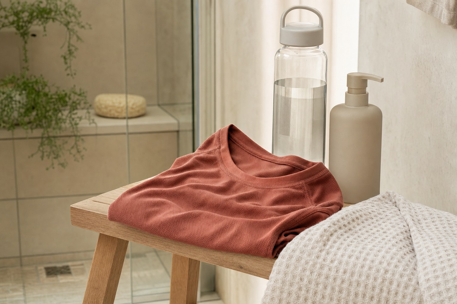 Breathable workout shirt, water bottle, towel, and unbranded body cleanser near a shower