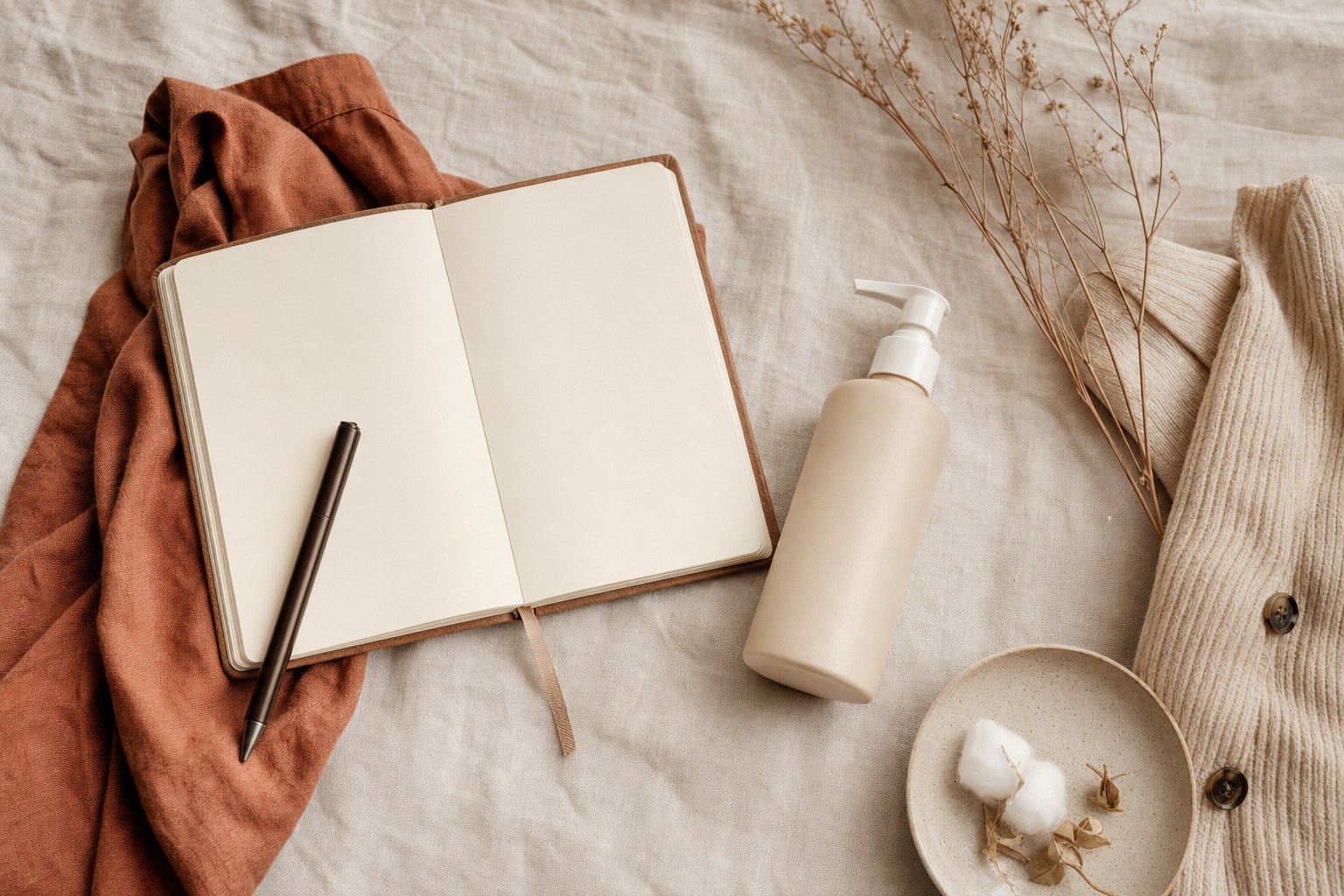Blank notebook, pen, cotton clothing, and unbranded skin-care bottle arranged on light linen