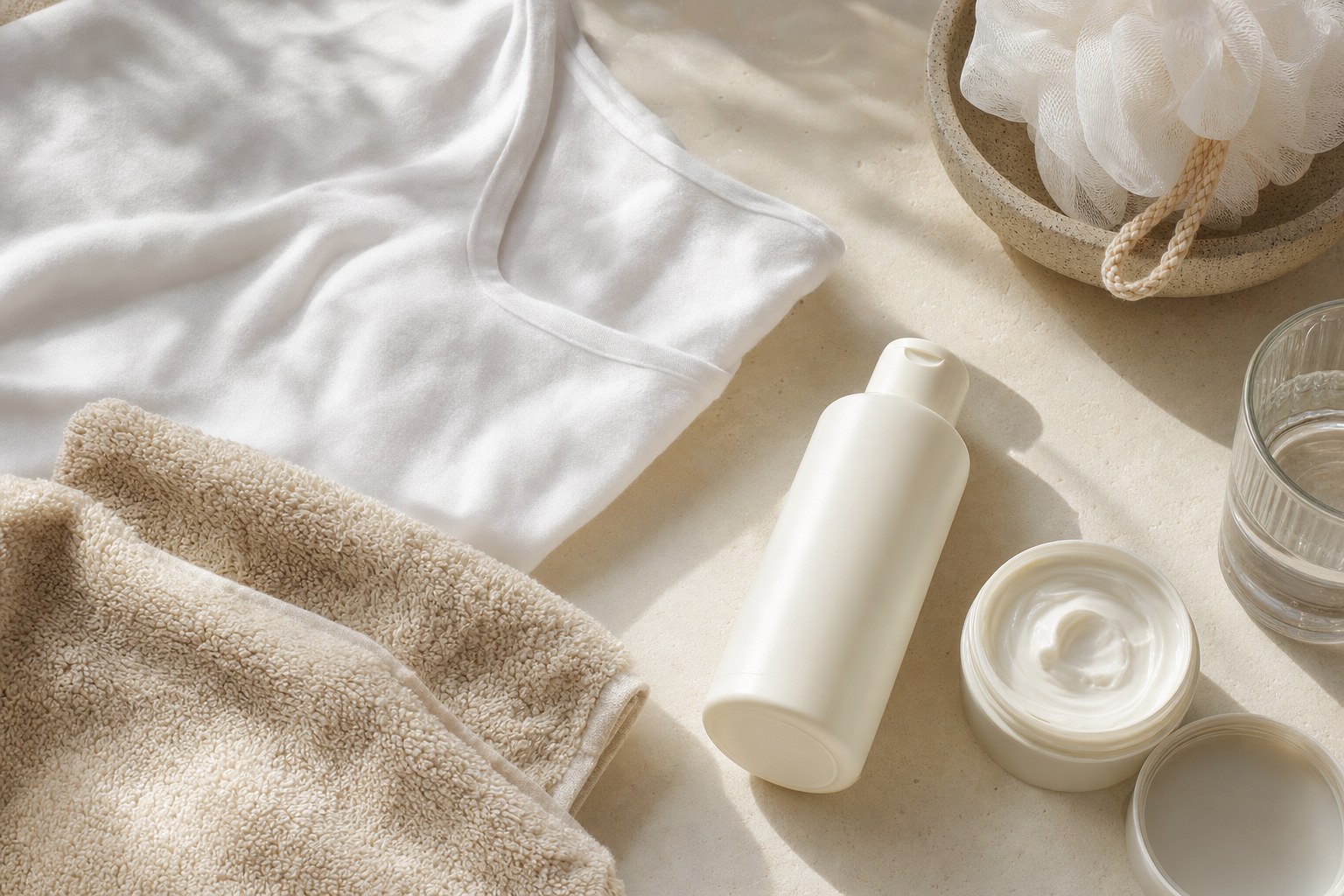 Cotton shirt, towel, and unbranded skin-care products arranged on a cream surface