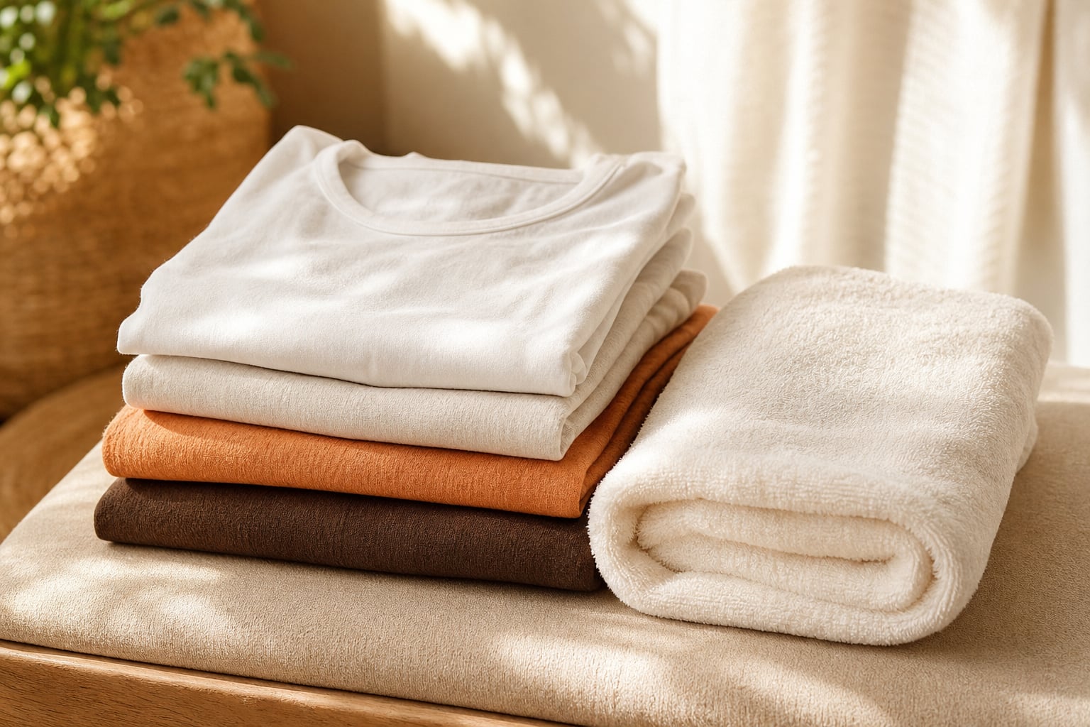 Folded soft cotton clothing and a white towel in warm window light