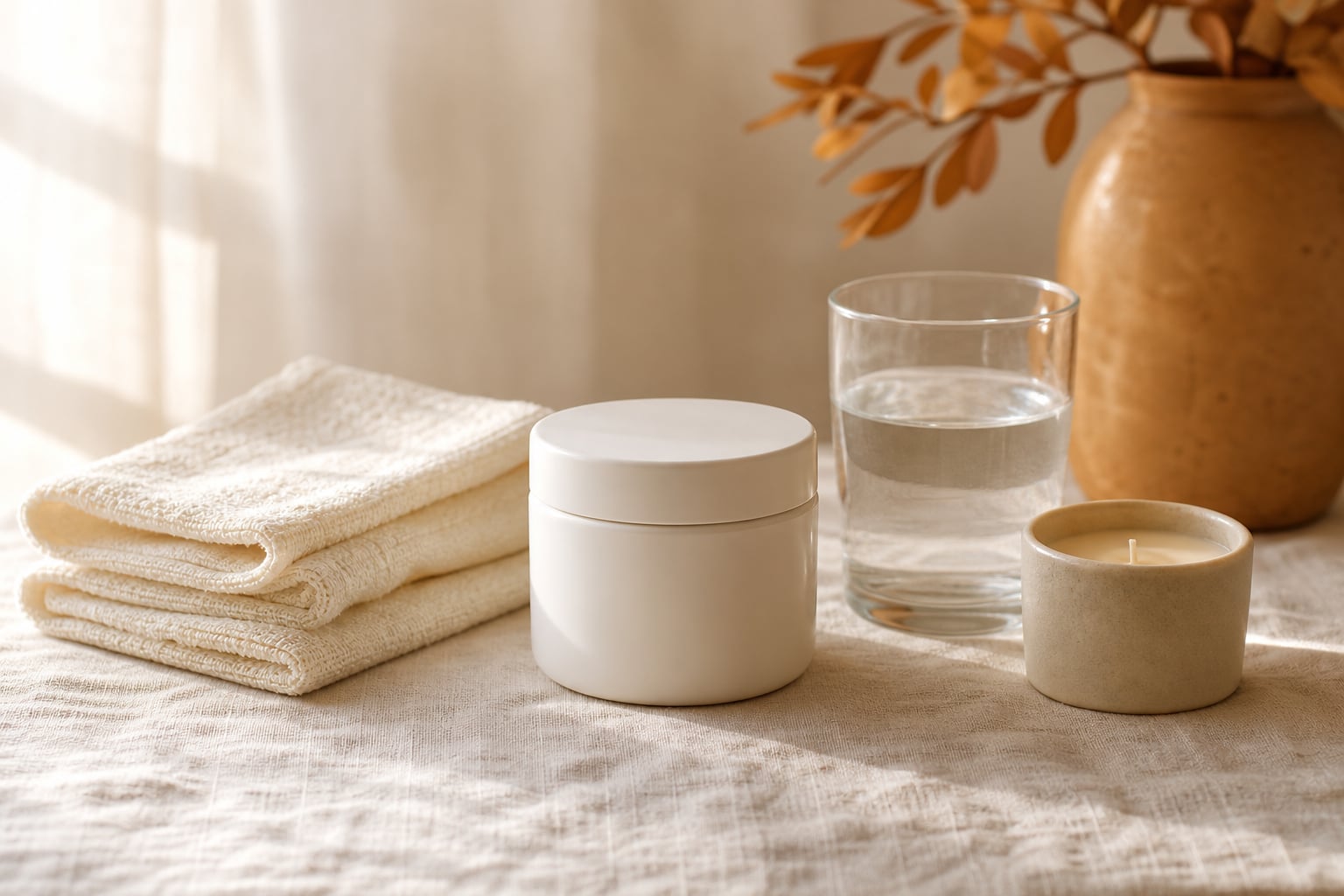 Fragrance-free moisturizer, soft towels, and water arranged on warm linen