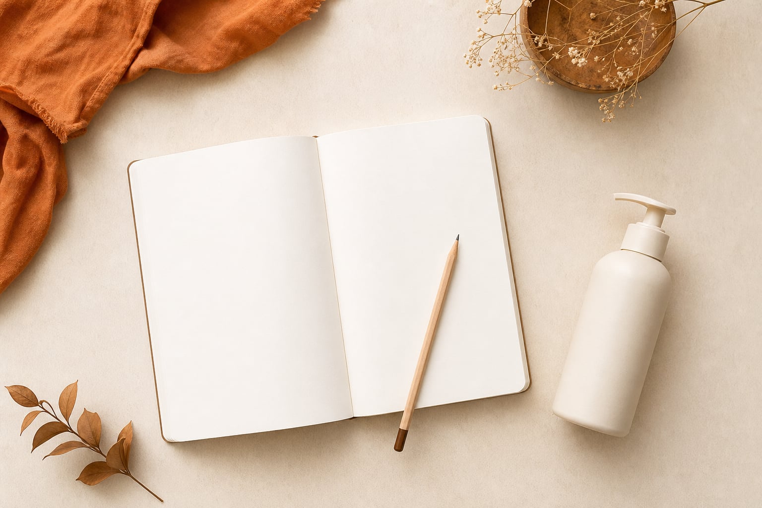 Blank journal, pencil, and fragrance-free pump bottle on a cream surface
