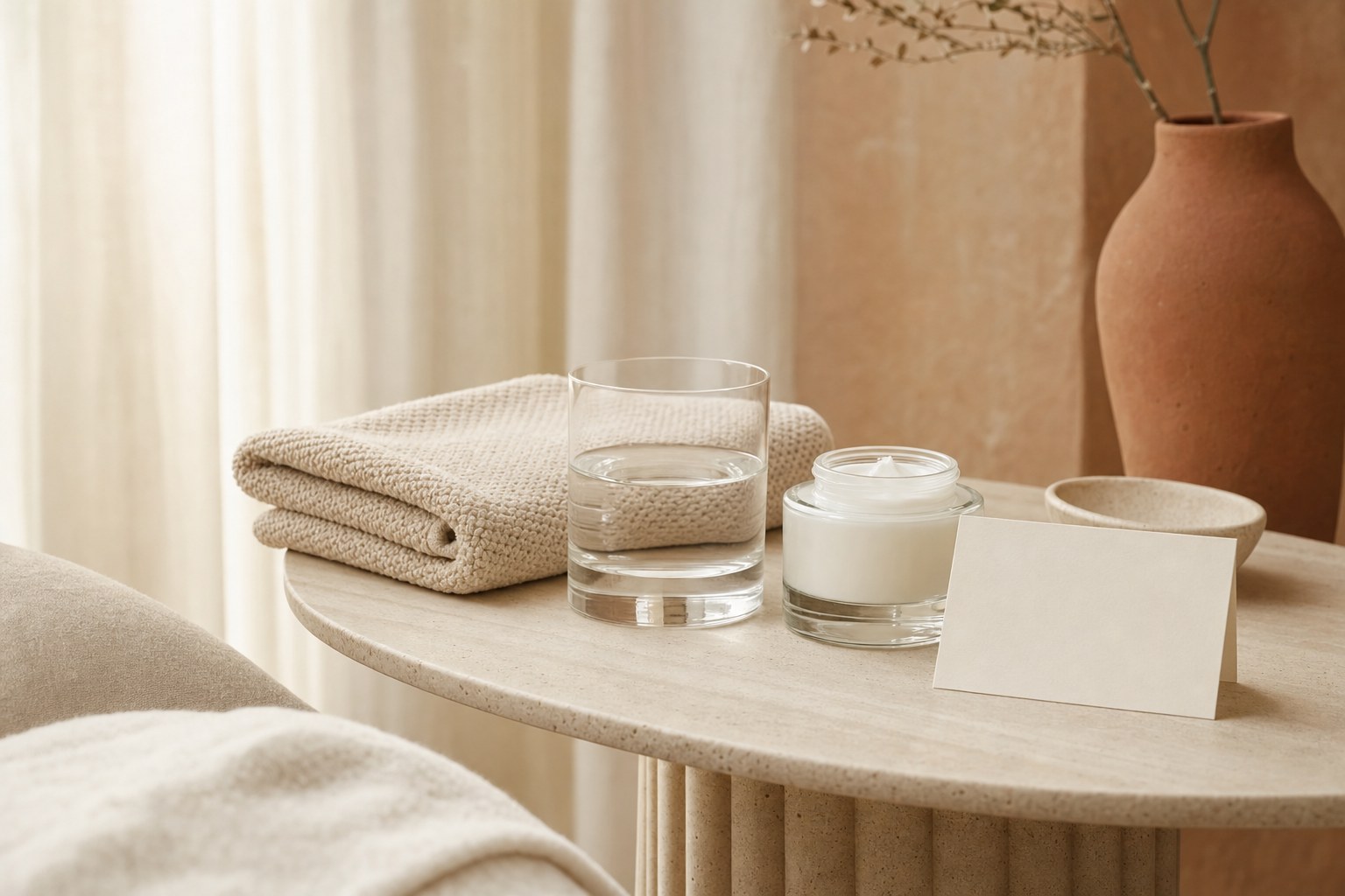 Folded towel, water glass, unbranded moisturizer jar, and blank appointment card on a cream side table