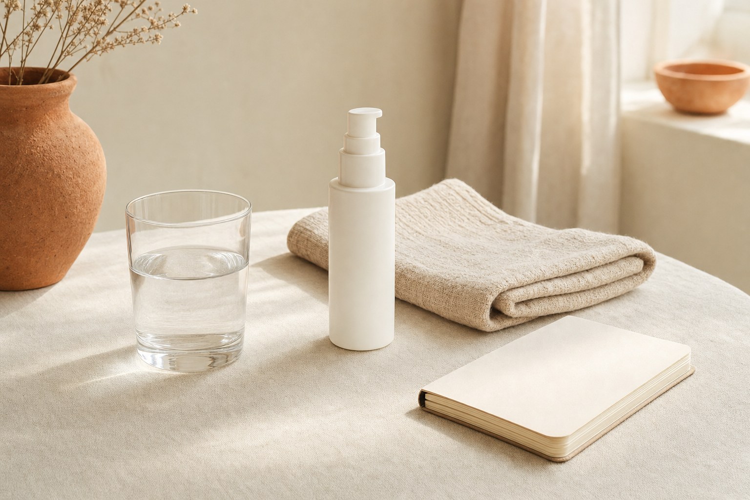 Unbranded skin-care bottle, folded towel, water glass, and blank notebook on cream linen