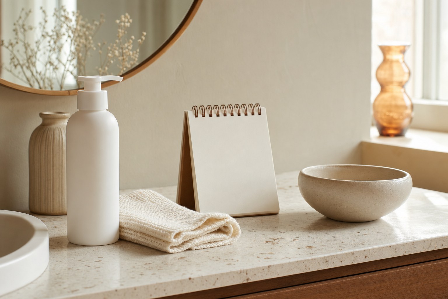 Unbranded cleanser, folded washcloth, blank desk calendar, and ceramic bowl on a warm bathroom counter