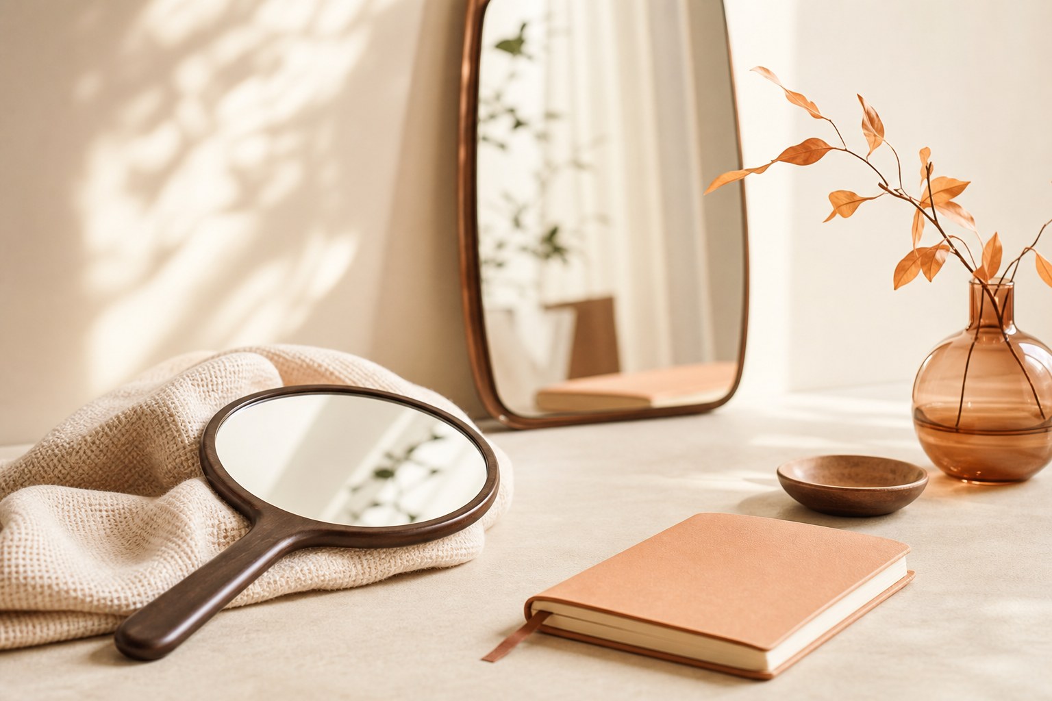 Hand mirror and notebook prepared for a skin self-exam