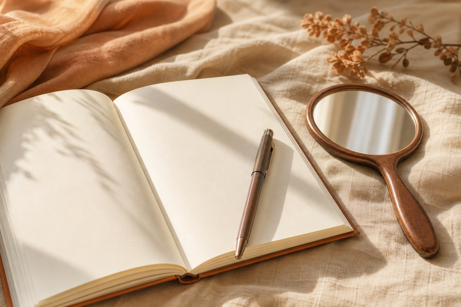 Blank notebook, pen, and hand mirror on warm linen