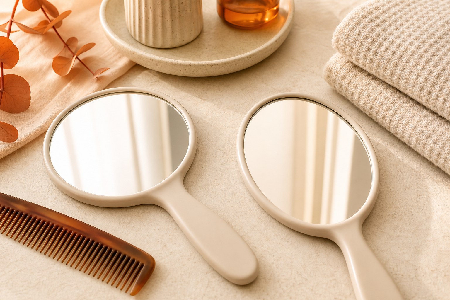 Hand mirrors and a comb arranged for a careful routine