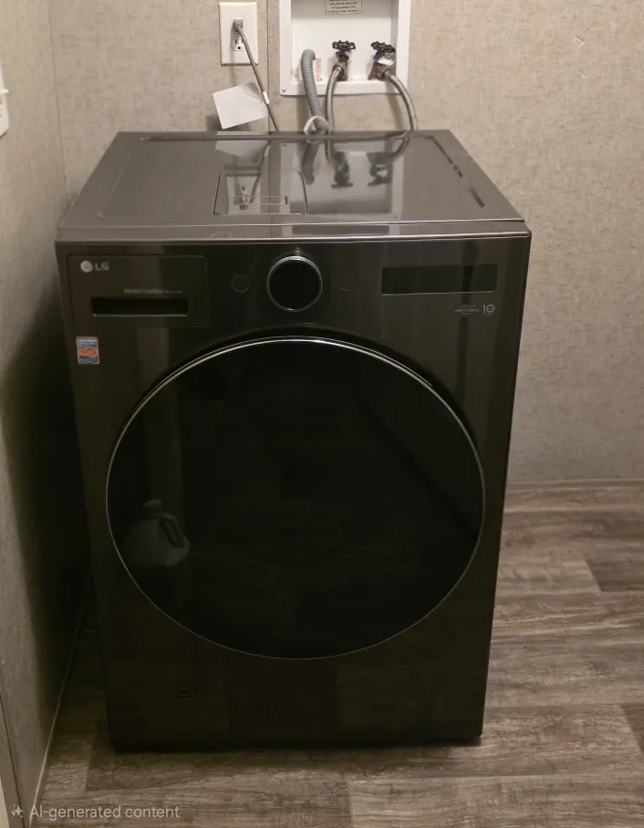 Black all-in-one washer dryer in a laundry room